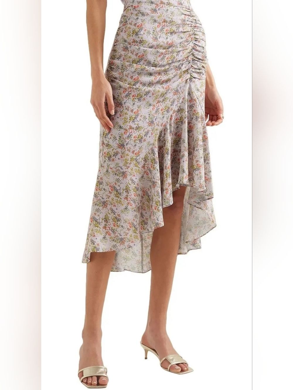Alice + Olivia Freida Asymmetric Ruched Floral-Print Crepe Midi Skirt 4 Nwot